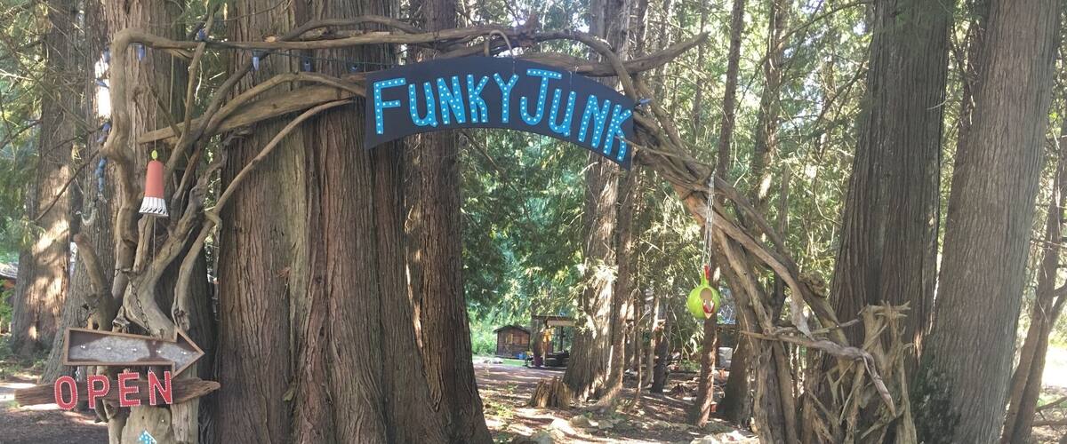 A forested area with a sign reading "FunkyTunk" and an arrow pointing to the right.