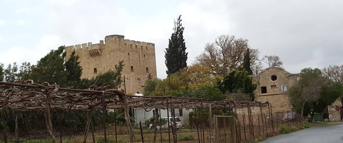 A rural landscape with a stone castle, a metal fence, and a road.