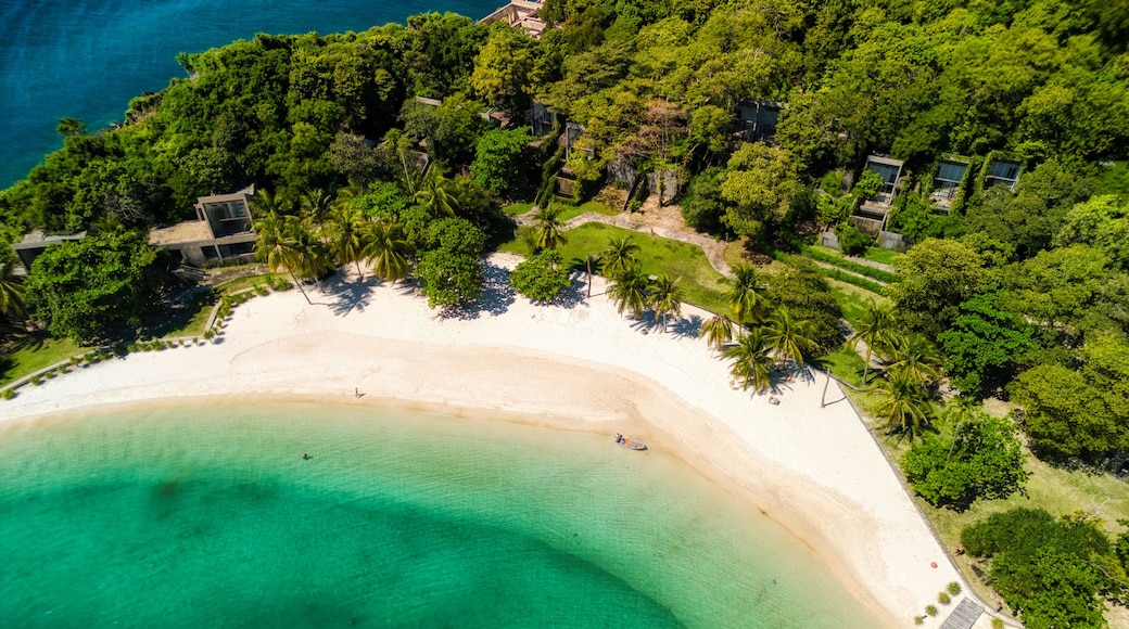 Eine Vogelperspektive eines tropischen Strandes mit klarem türkisblauem Wasser, weißem Sand und üppiger Vegetation.