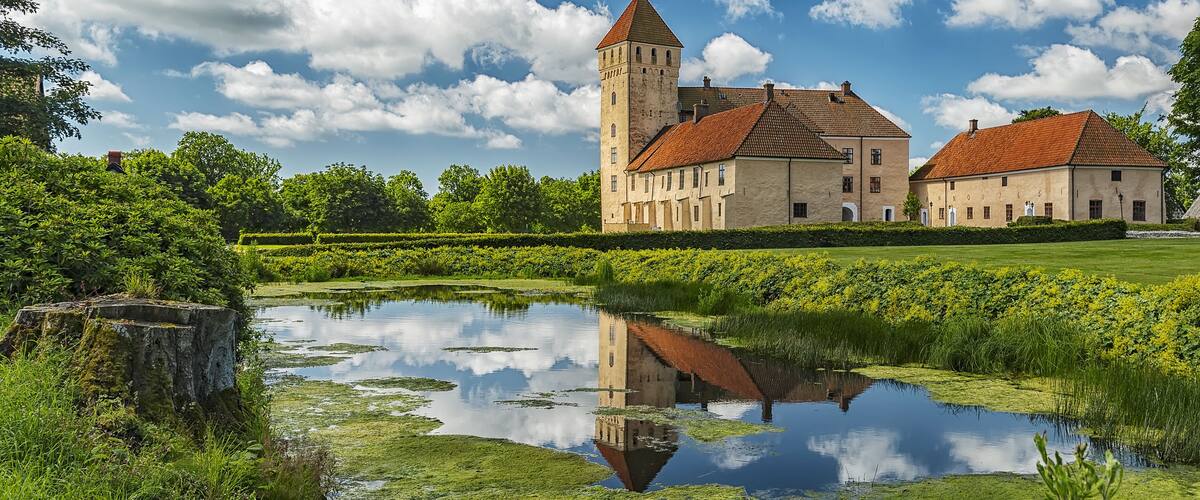 A historic building with a tower, surrounded by a pond and lush greenery.