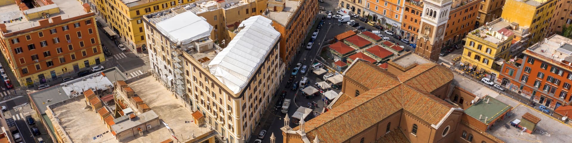 Aerial view of the church of St. Mary Immaculate and St. John Berchmans in the Immaculate Square. It is a place of Catholic worship located in the San Lorenzo district, Rome, Italy.