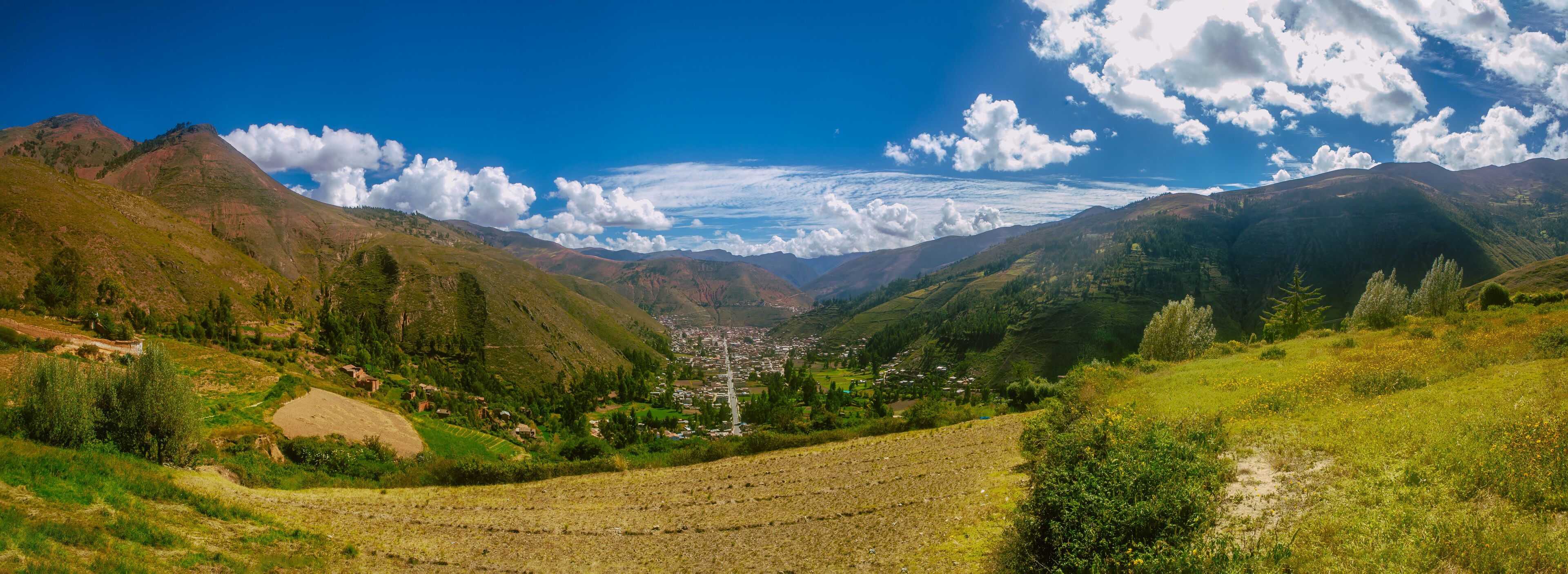 A valley with terraced fields, a distant town, and mountains under a clear sky.