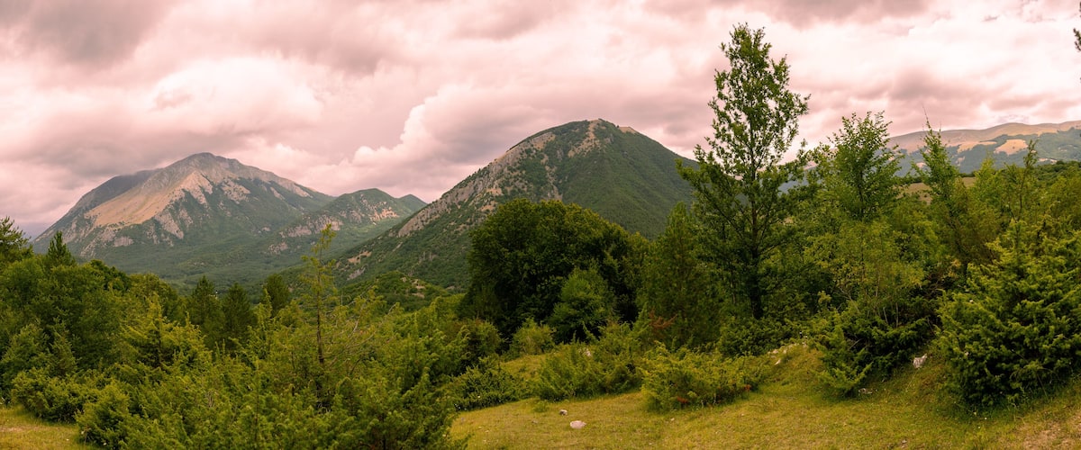 A mountainous landscape with dense forests and rocky peaks under a cloudy sky.