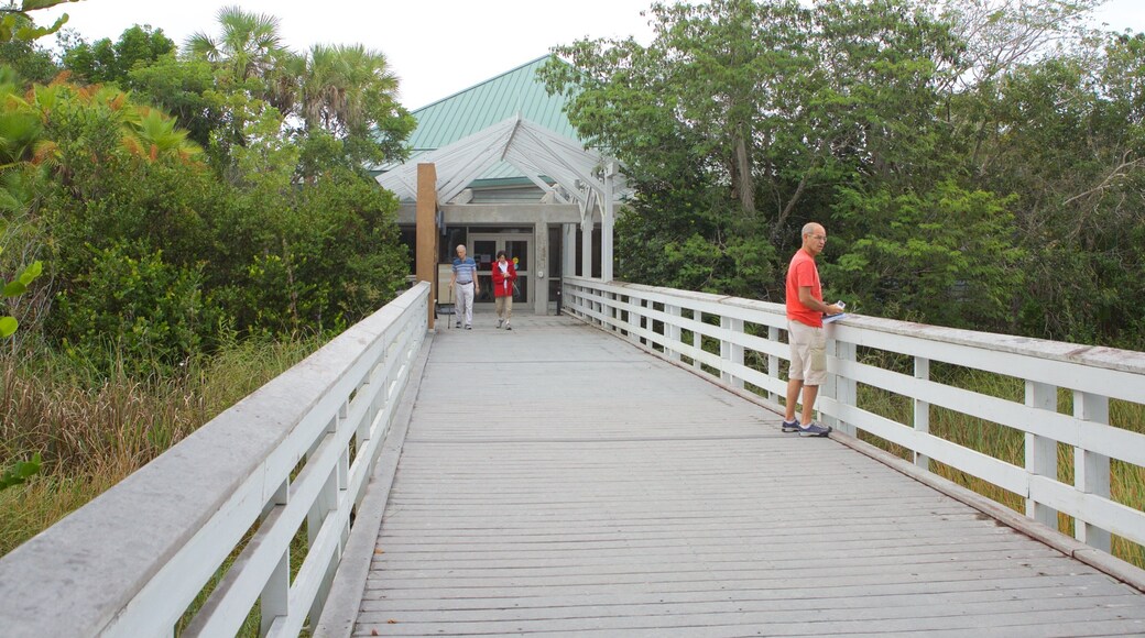 Ernest F. Coe Visitor Center showing a bridge as well as a small group of people