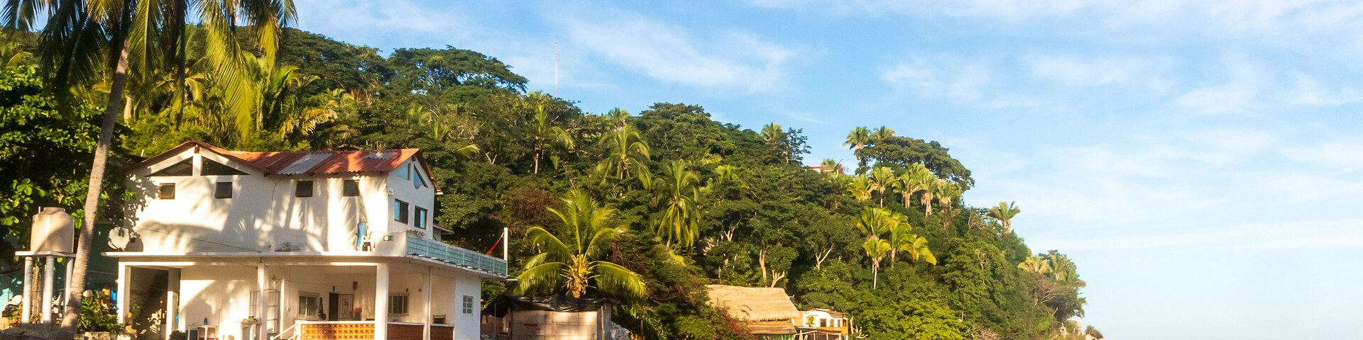 Una playa con una casa blanca, palmeras y barcos en el agua.