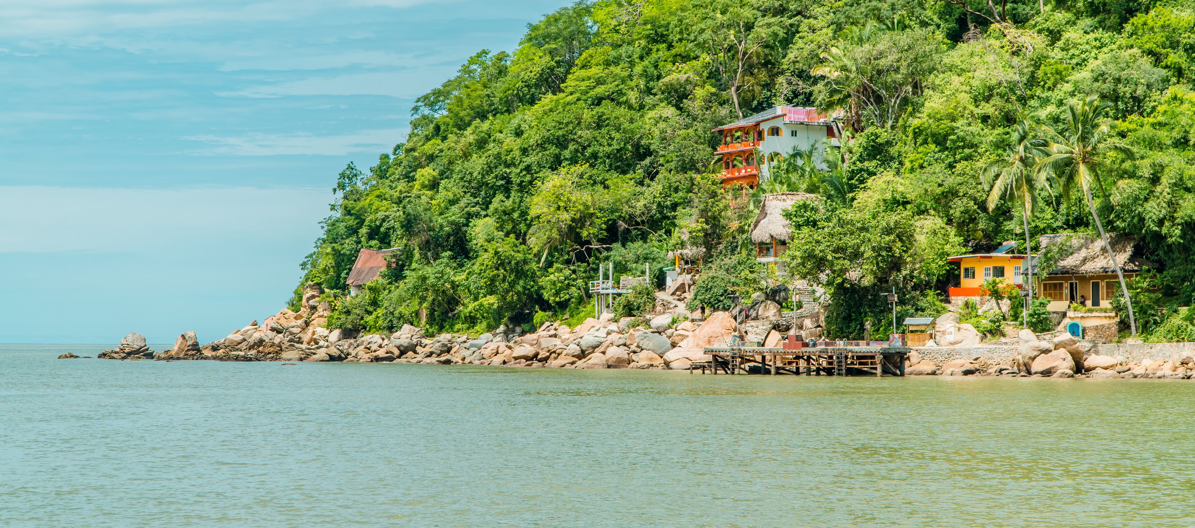 Panorama view of the remote jungle beach town of Yelapa, Jalisco, Mexico - only accessible by boat
