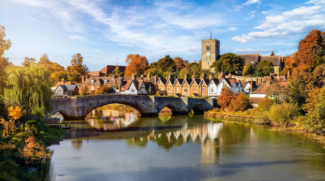 Panoramic view of Aylesford village in Kent, England with medieval bridge over the river Medway during golden autumn time