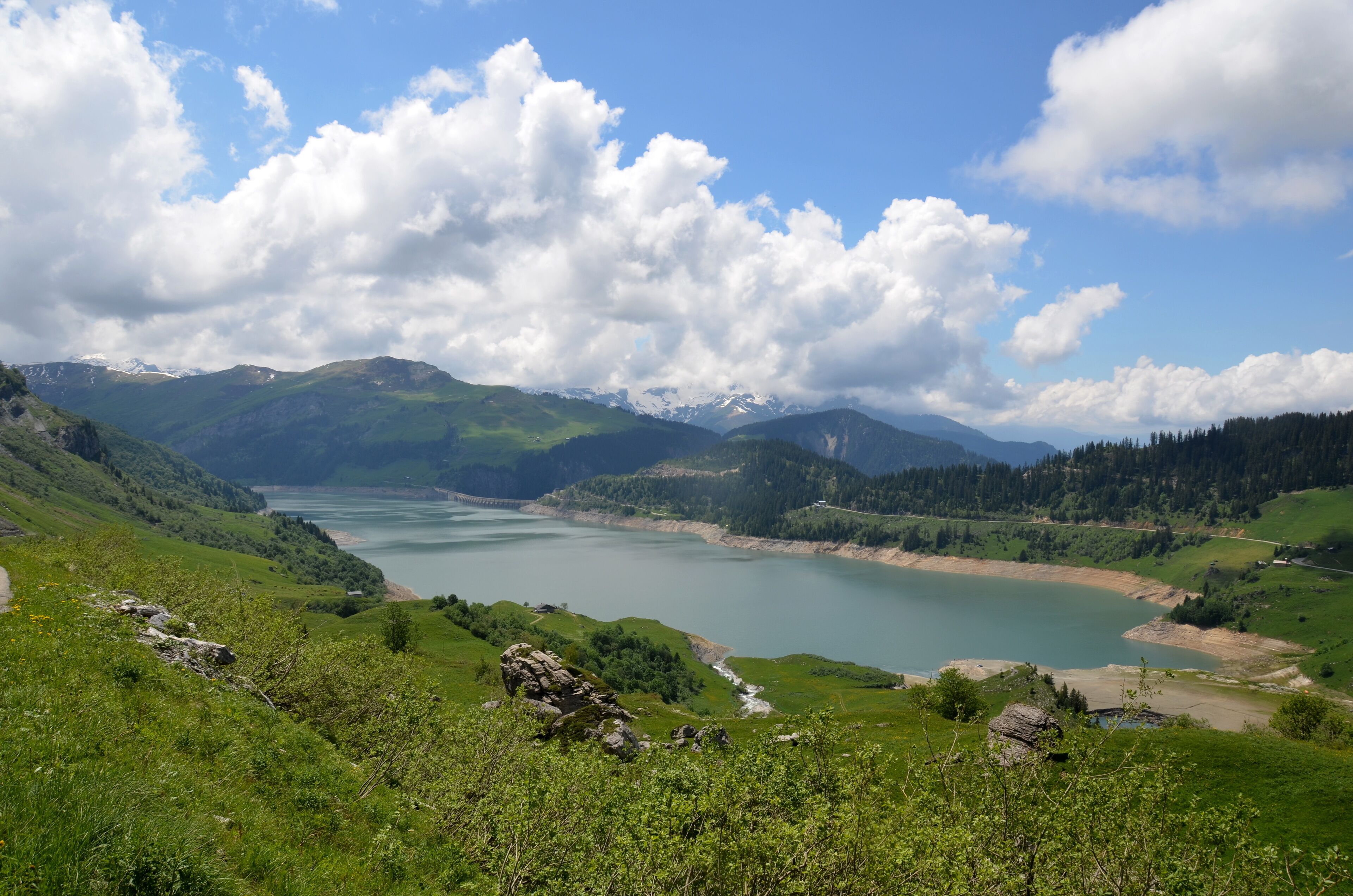 Lac Roselend 1605 m (a waterpower lake with concrete barrier) looking to the West