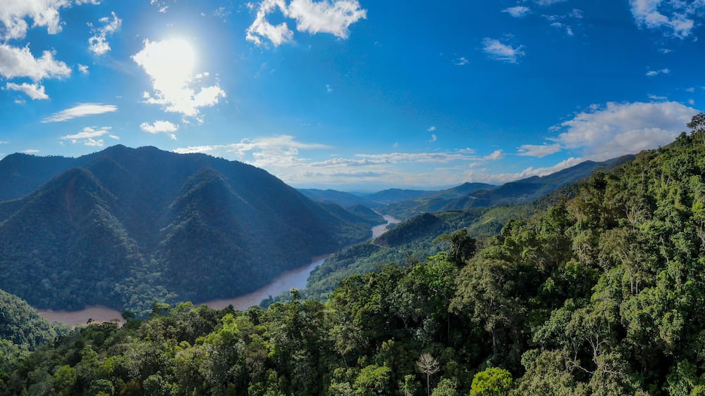 Un paysage montagneux traversé par une rivière qui serpente à travers une vallée, le tout étant bordé de forêts denses.
