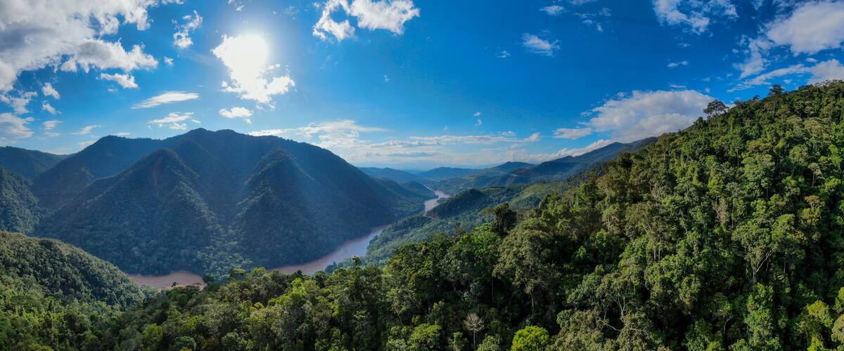 A mountainous landscape with a river flowing through a valley, surrounded by dense forests.