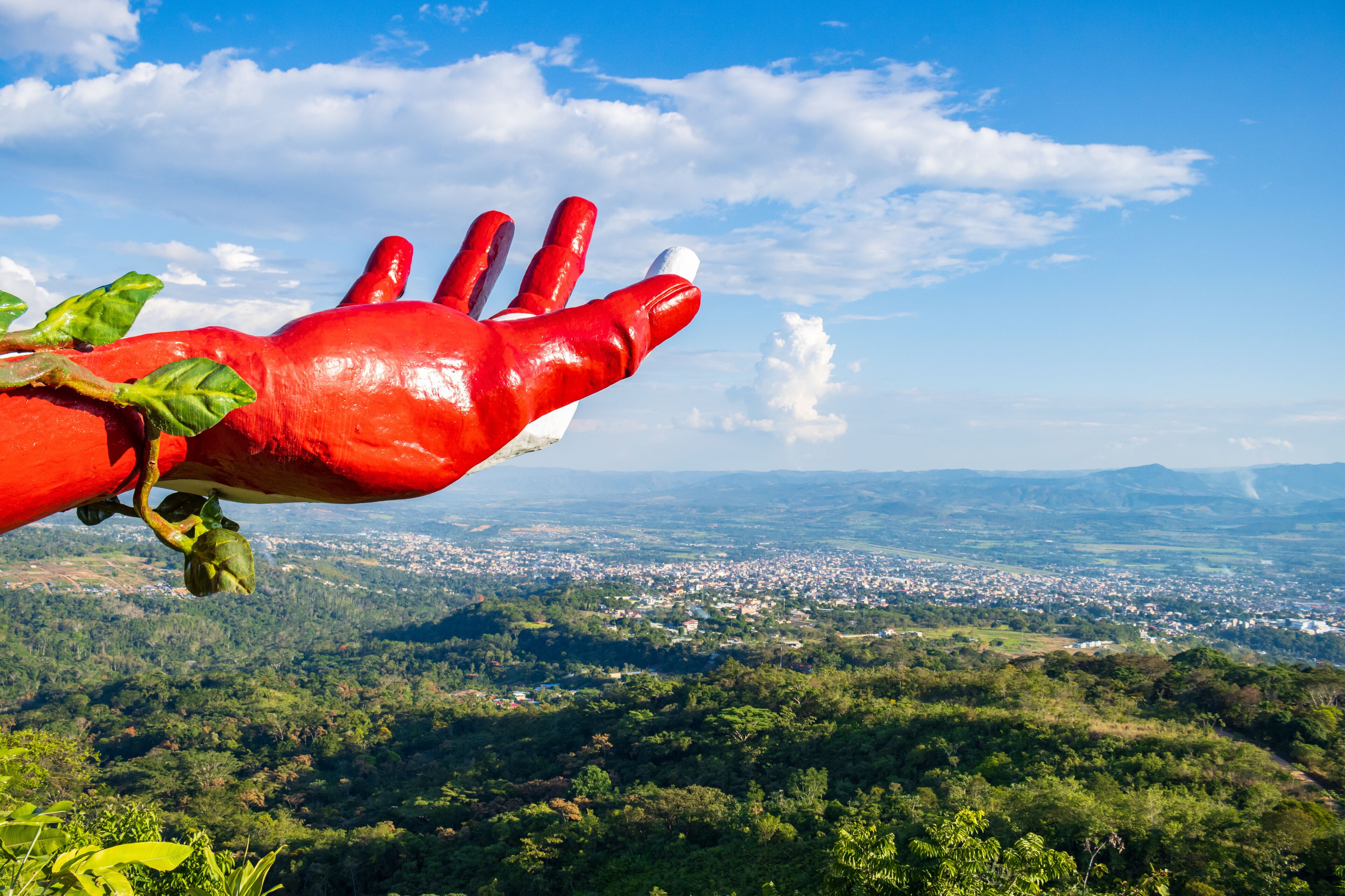 Taytamaki viewpoint in tarapoto peru, a place very visited by tourists, to observe the city from above, and to take photos in the big hand