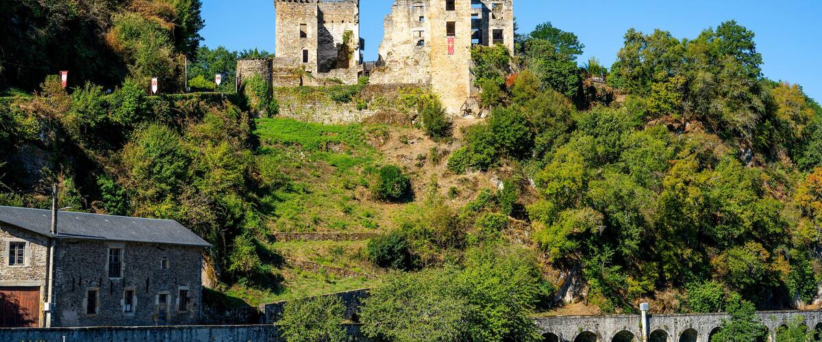 A historic stone castle on a hill, surrounded by lush greenery and a stone bridge with arches.
