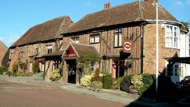 Um edifício de tijolos tradicional com uma placa que diz 'The Swan Inn'.