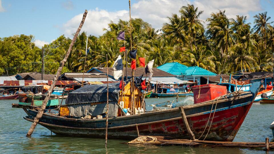 A traditional wooden boat docked in a harbor with palm trees and small houses in the background.