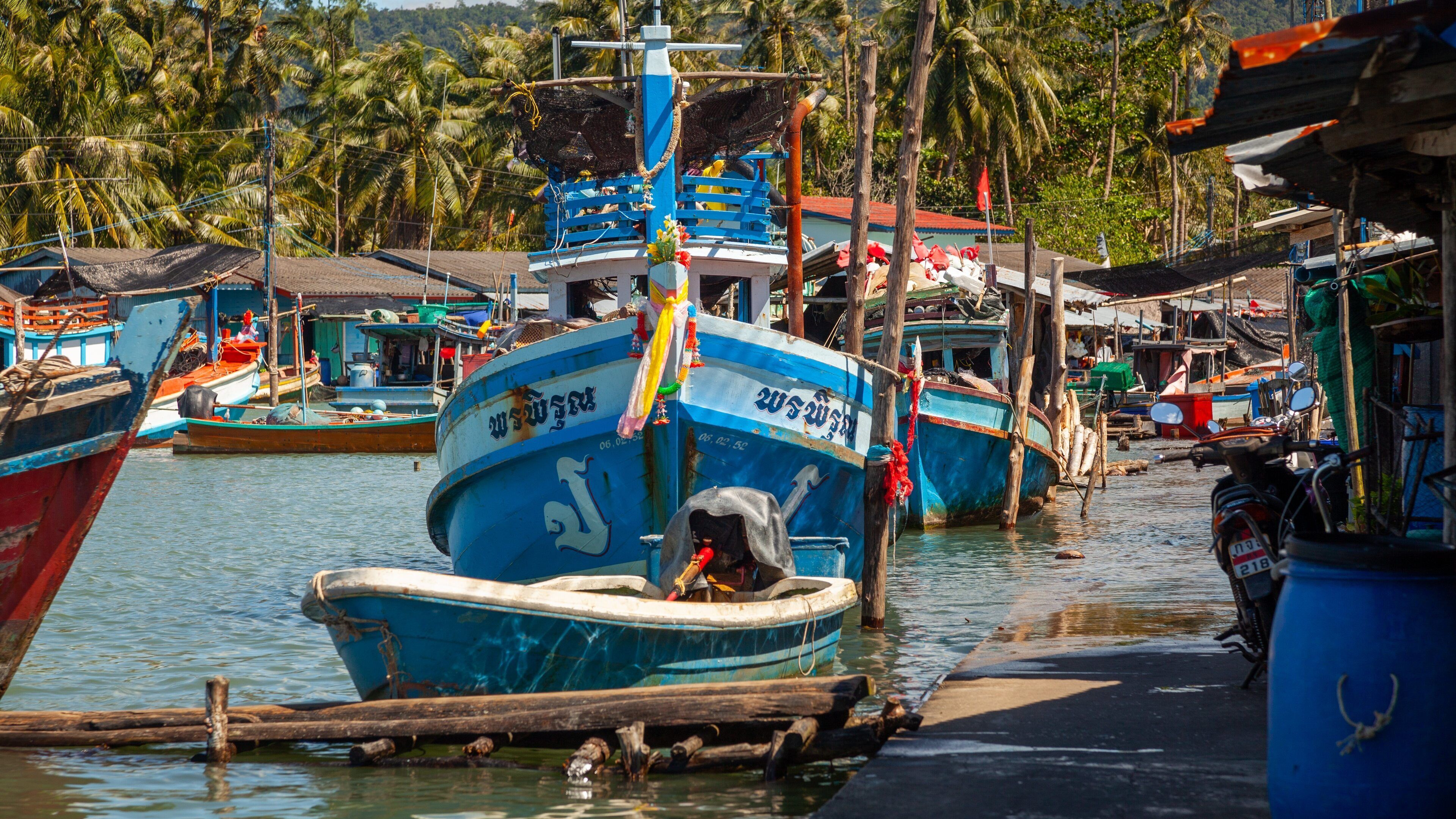 A blue boat docked at a pier with a motor in the back, surrounded by other boats and palm trees.
