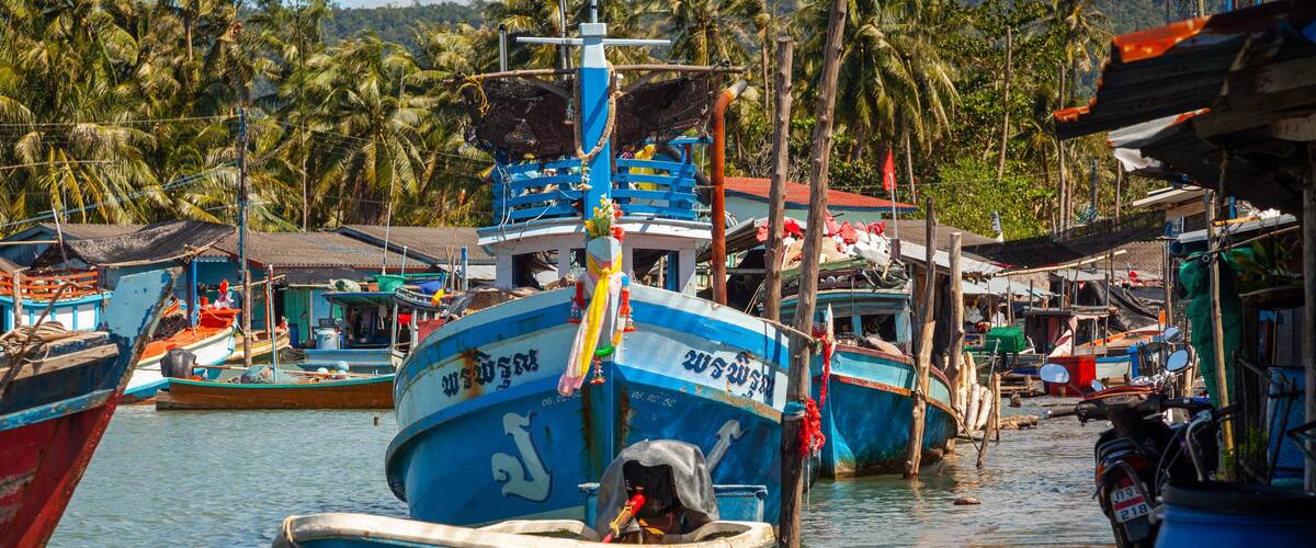 A blue boat docked at a pier with a motor in the back, surrounded by other boats and palm trees.