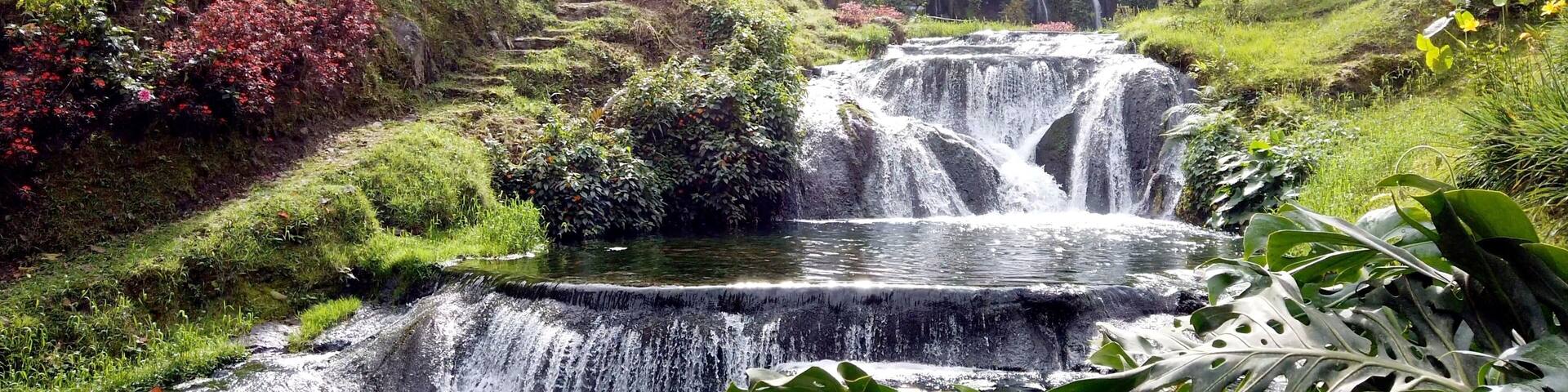 Colombia , Salento 2022 - Termales Santa Rosa de Cabal is a Spa thermal baths immersed in nature outdoors with waterfall and hot water tubs for the well-being of the body - tourist attraction