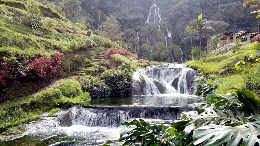 Colombia , Salento 2022  - Termales Santa Rosa de Cabal is a Spa thermal baths immersed in nature outdoors with waterfall and hot water tubs for the well-being of the body - tourist attraction