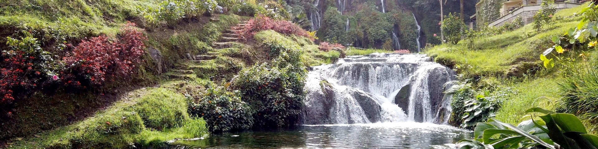 Colombia , Salento 2022  - Termales Santa Rosa de Cabal is a Spa thermal baths immersed in nature outdoors with waterfall and hot water tubs for the well-being of the body - tourist attraction