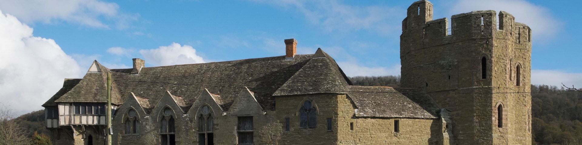 Stokesay Castle, Shropshire. This 14th-century building is a grade 1 listed building in England.