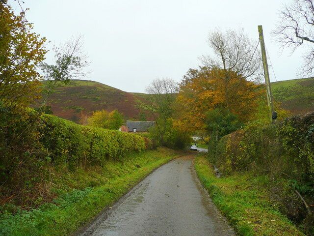 A narrow rural road flanked by hedgerows and trees, leading to a house on a hill.