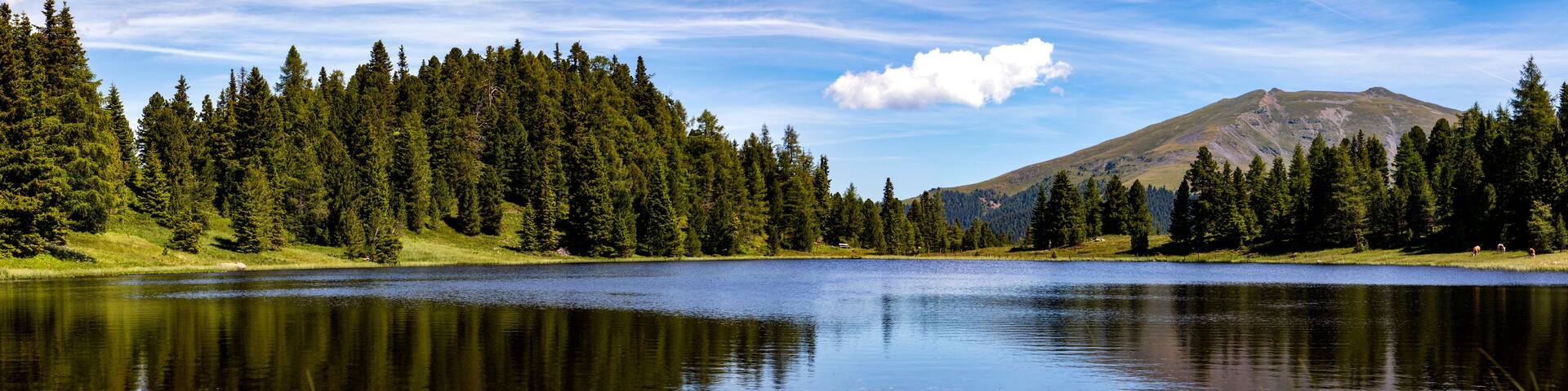 Schwarzsee und blauer Himmel. Drei Seen Rundweg in Kärnten auf der Turracher Höhe in Österreich, Panorama.