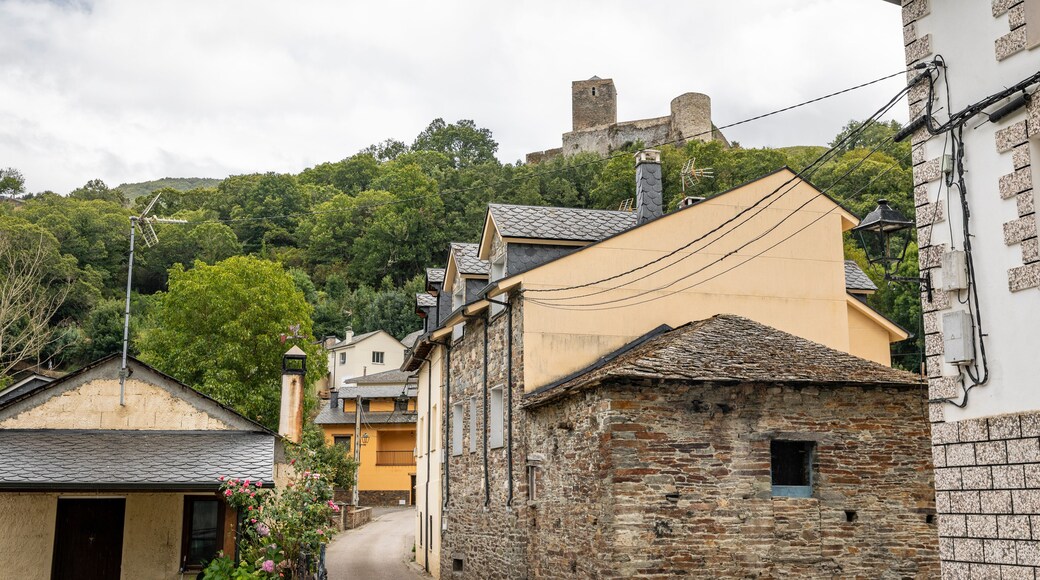 a street with a view to the castle in Balboa village, comarca of Valcarce, El Bierzo, province of Leon, Castile and Leon, Spain