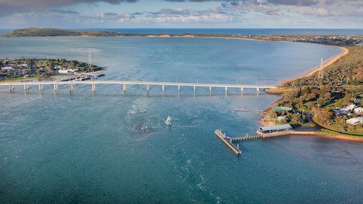 Aerial view of a narrow bridge linking the mainland to a coastal island