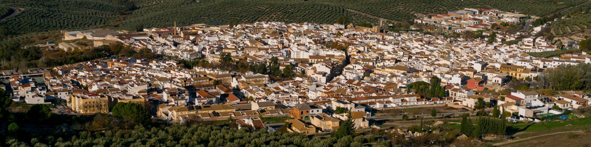Dona Mencia town surrounded by olive trees landscape at sunrise, Sierra Subbetica, Cordoba, Andalusia, Spain. View from peak Oreja de la Mula, hiking destination. High quality photo