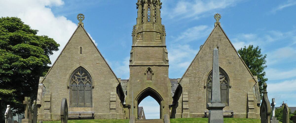 Cemetery chapels in Keighley Road, Colne, Lancashire, seen from south-southeast