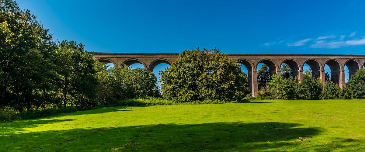 A viaduct with multiple arches, surrounded by lush green grass and trees.