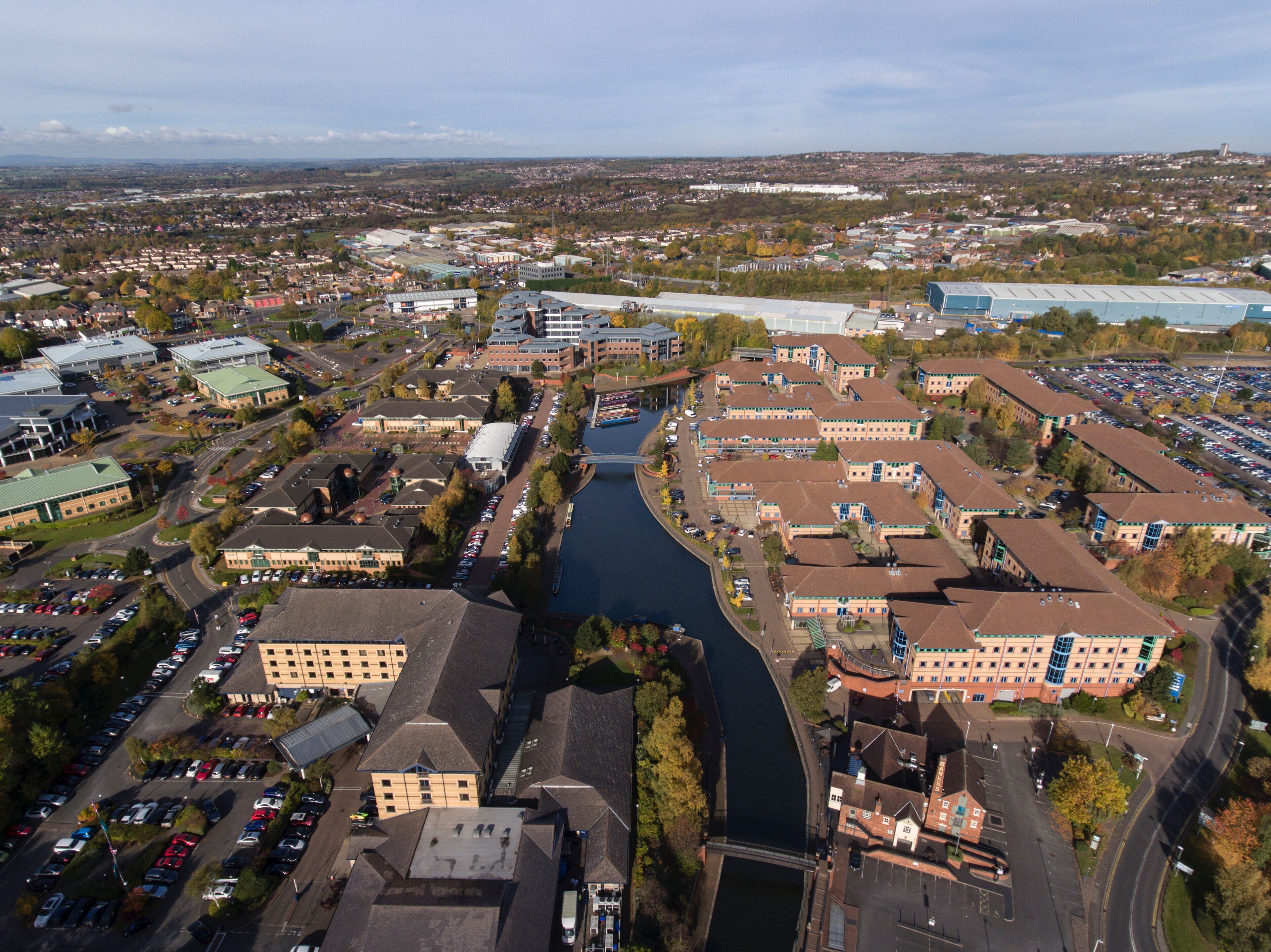 Aerial view of the Waterfront area in Dudley, West Midlands, UK.