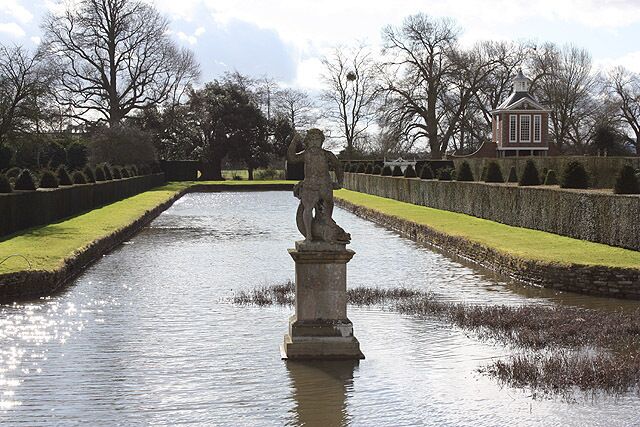 Winter view along the T-shaped canal. The Dutch Water Garden is currently closed for the winter. Compare to a picture of the canal taken in July when the water lilies are in evidence. 1397850 Lots of information here http://en.wikipedia.org/wiki/Westbury_Court_Garden
