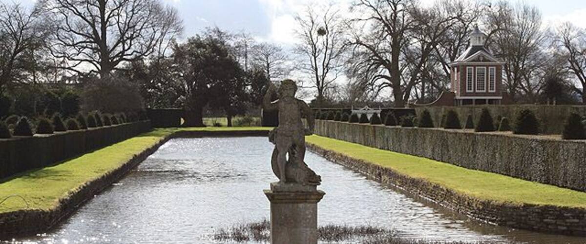 Winter view along the T-shaped canal. The Dutch Water Garden is currently closed for the winter. Compare to a picture of the canal taken in July when the water lilies are in evidence. 1397850 Lots of information here http://en.wikipedia.org/wiki/Westbury_Court_Garden