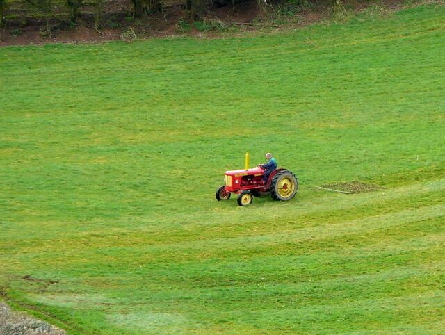 Un tractor en un campo verde.