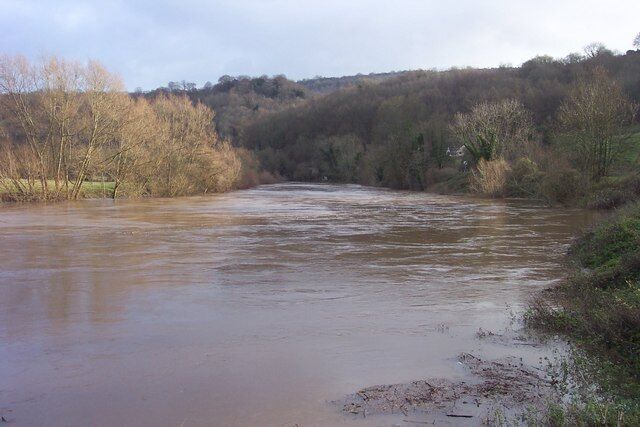The River Wye at Lower Lydbrook. The Wye in moderate winter flood.