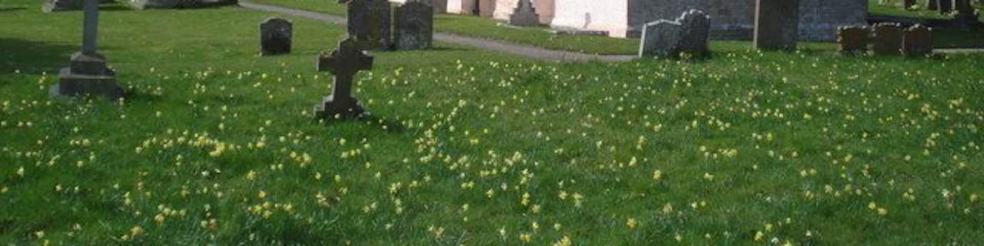 A church with a stone tower and a pink building, surrounded by a cemetery with gravestones and a grassy field.