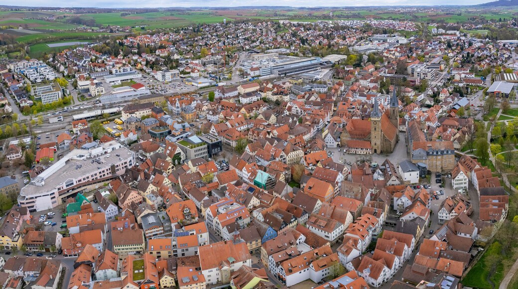 Aerial view around the old town of Crailsheim in Germany on a sunny autumn day