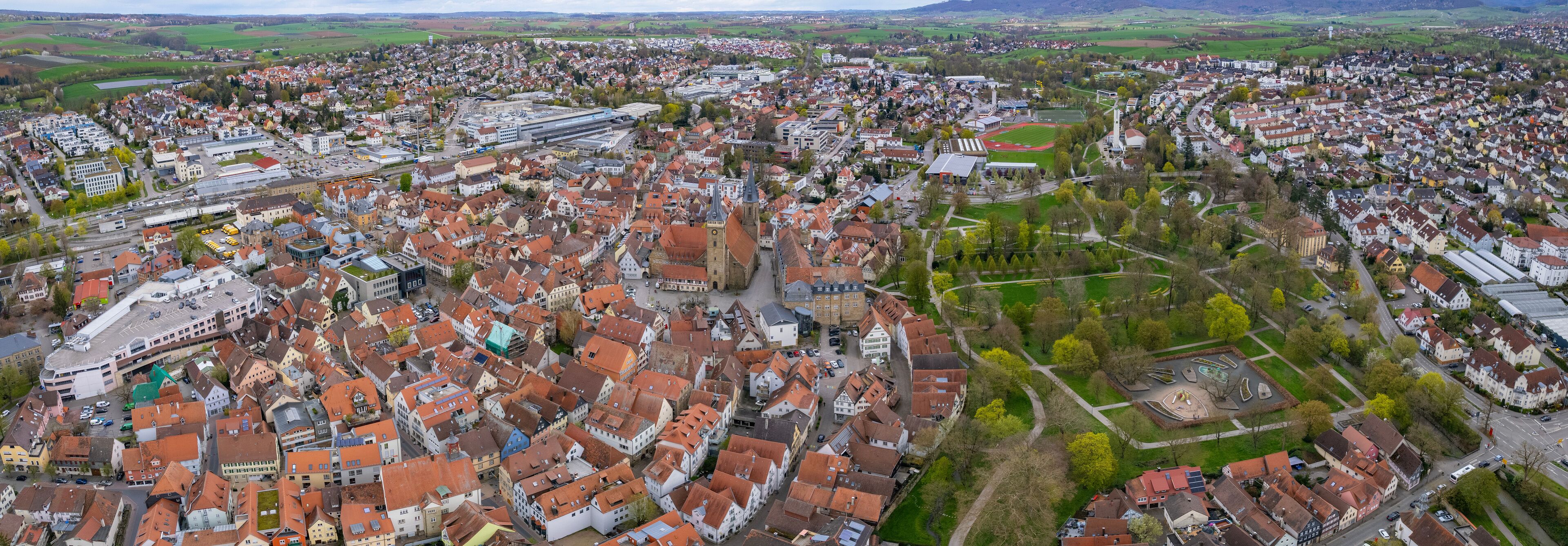 Aerial view around the old town of Crailsheim in Germany on a sunny autumn day