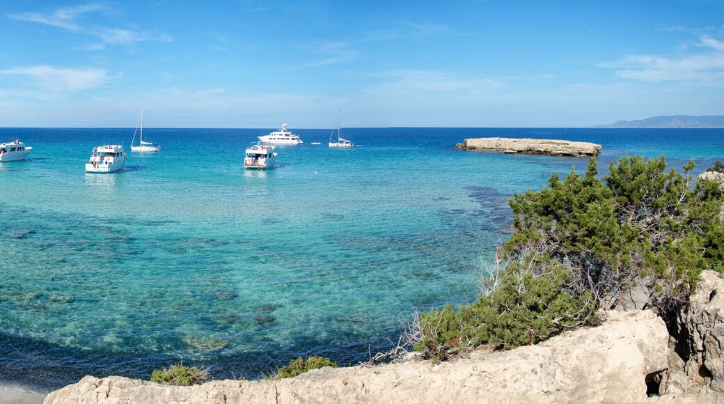 A coastal scene with clear turquoise waters, rocky shores, and several boats anchored near the shore.