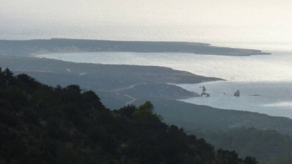 A coastal landscape with a body of water, distant landforms, and dense vegetation.