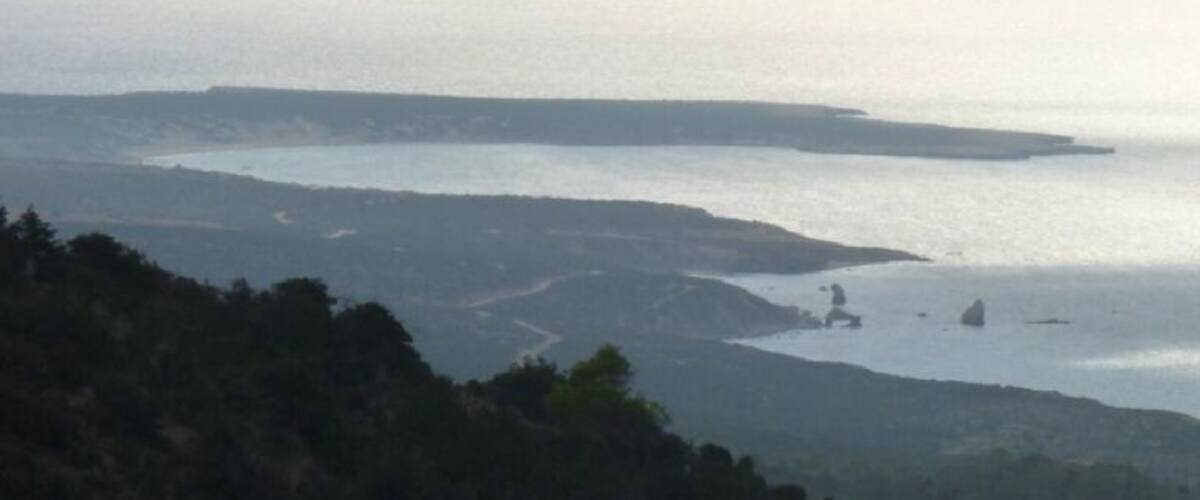 A coastal landscape with a body of water, distant landforms, and dense vegetation.