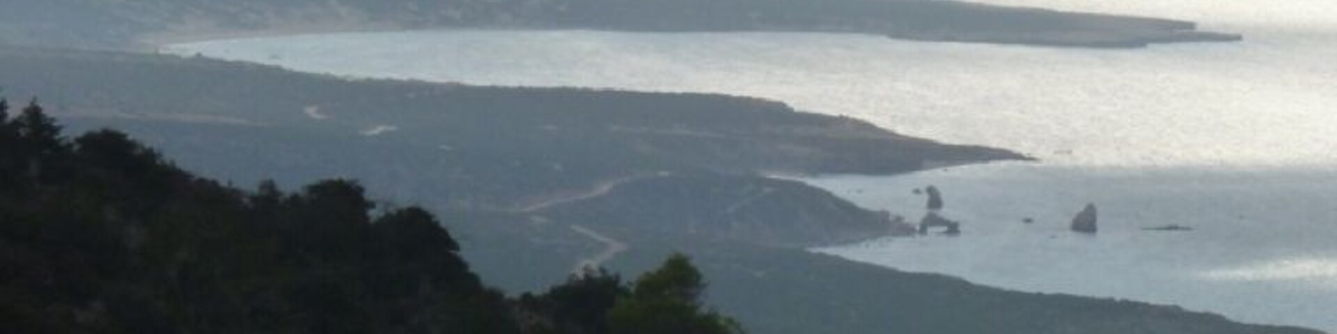 A coastal landscape with a body of water, distant landforms, and dense vegetation.