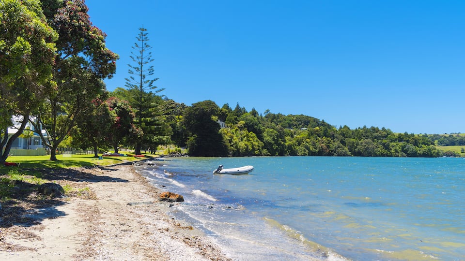A beach with a boat, trees, and a clear blue sky.