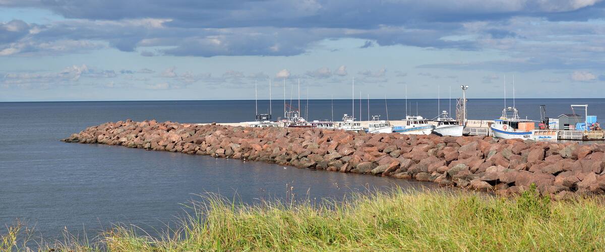 A rocky breakwater with boats docked, a calm sea, and a cloudy sky.