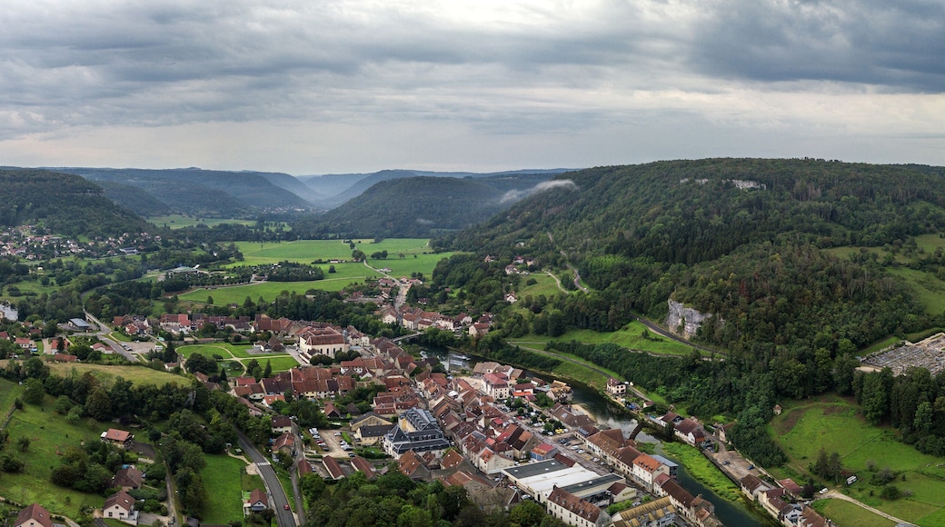 Aerial view of Ornans, Doubs, Bourgogne-Franche-Comte, France