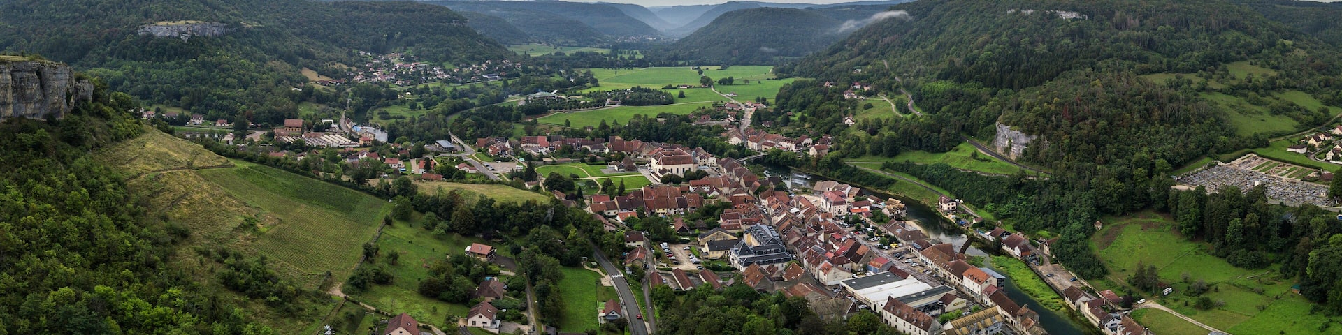 Aerial view of Ornans, Doubs, Bourgogne-Franche-Comte, France