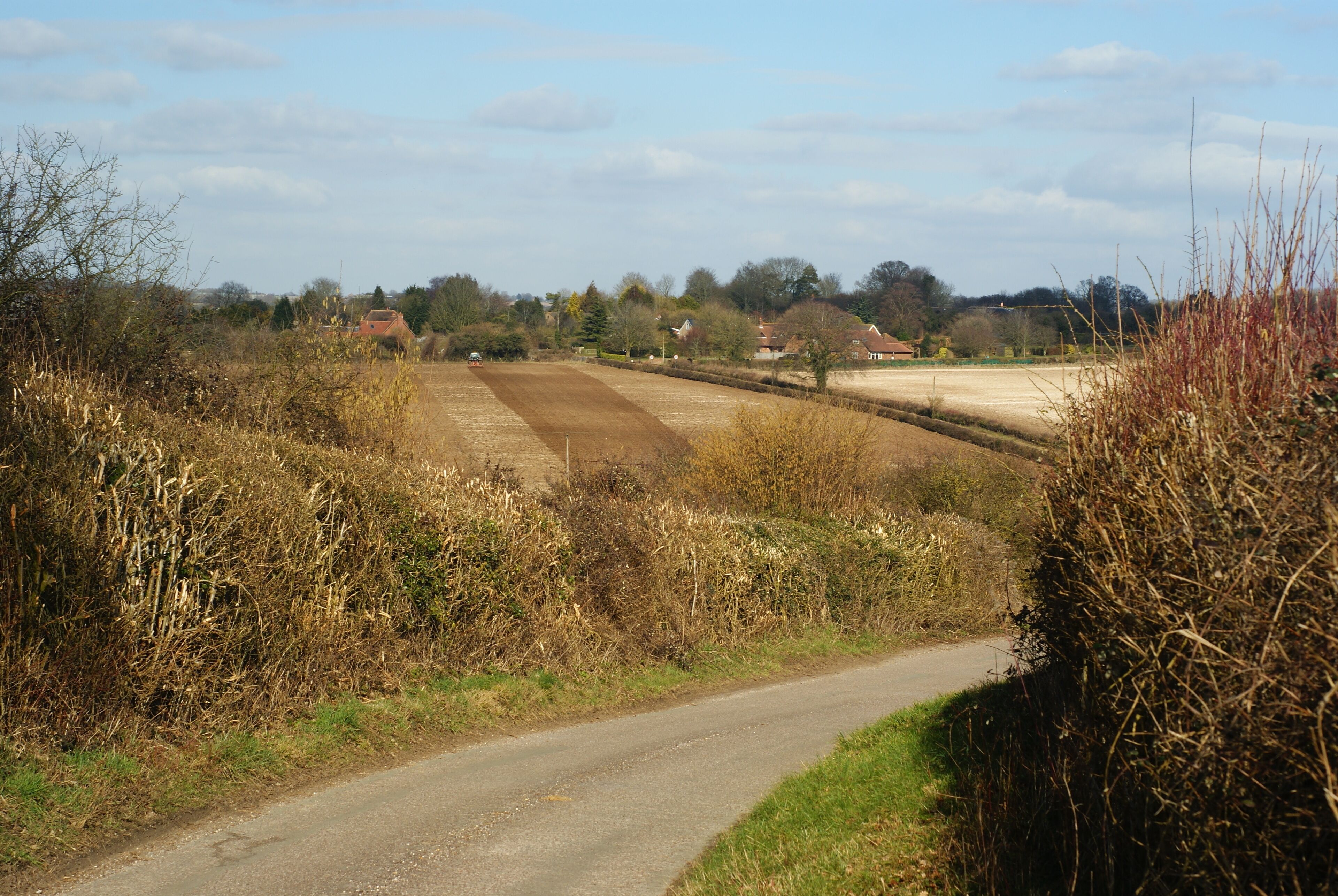 Farmland at Gundleton, Hampshire Bighton Lane meanders through the photograph, and passes through the village of Gundleton, in the distance. To the left of the lane is Bighton Bottom Farm, and to the right is Northside Farm.