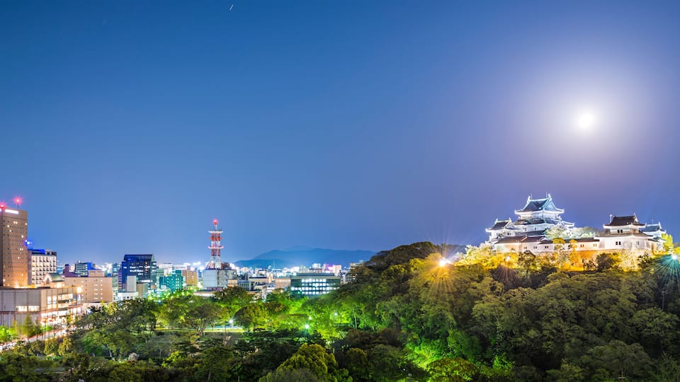 A cityscape at night with a prominent castle on a hill, illuminated buildings, and a clear sky.