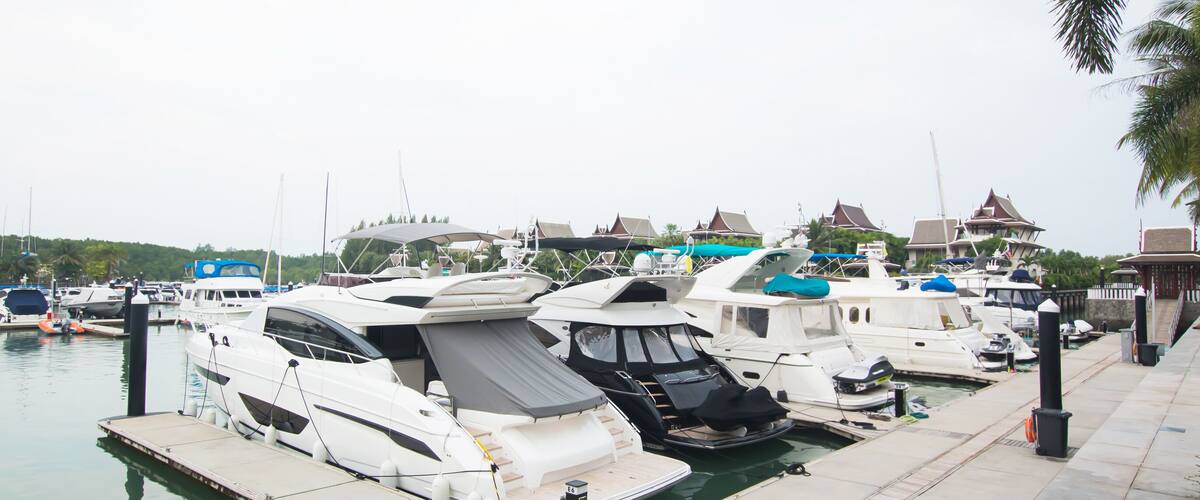 A marina with several yachts docked at the pier.